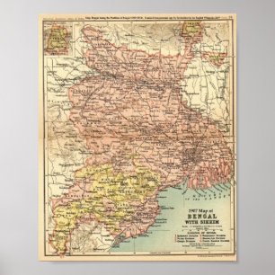 1907, Map, Bengal, Sikkim, India Poster