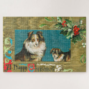  1908 Collie Dogs Gold Happy Kerstmis Legpuzzel