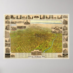 1908 Denver CO Birds Eye Uitzicht Panoramic Map Poster