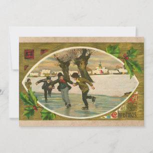 1909 jongens Ice Skating Gold Kerstmis Kaart