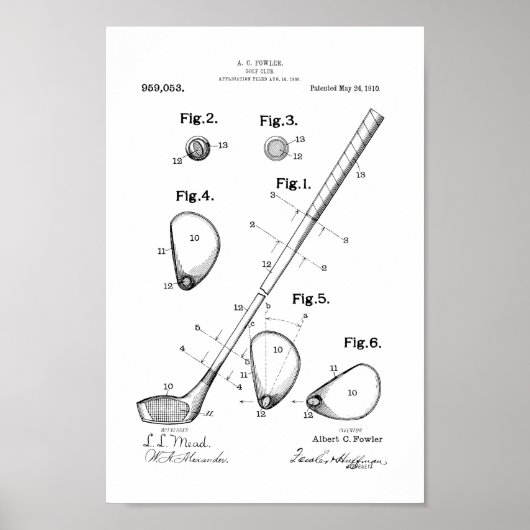 1910 Golf Club Patent Art Print (Voorkant)