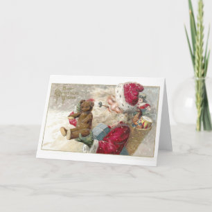 1913 Kerstman met Teddy Bear en Pipe Feestdagen Kaart