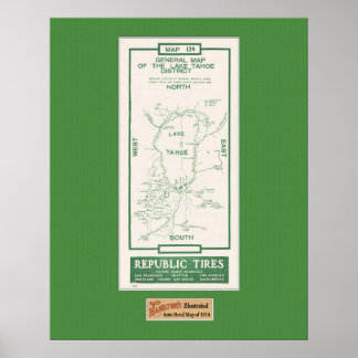 1914 Kaart van het meer van Tahoe Poster
