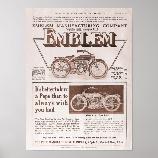 1914 Motorrijwiel Emblem en Pope Poster (Voorkant)