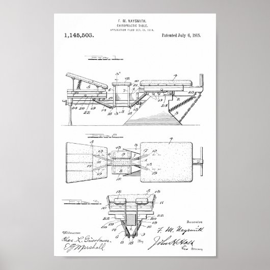 1915  Chiropractic Table Patent Art-afdrukken Poster (Voorkant)