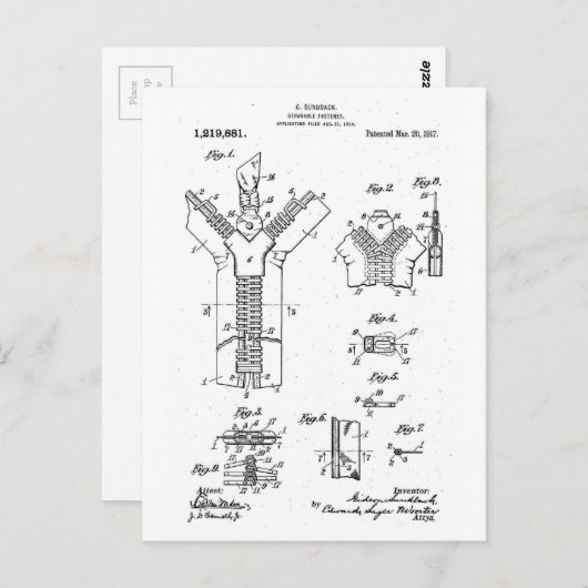 1917 Patent of the "Separable Fastener" Zipper Briefkaart (Voorkant / Achterkant)