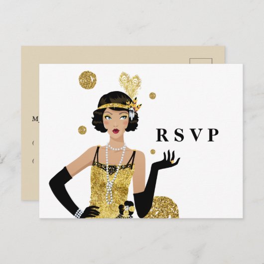 1920-bladermeisje gatsby RSVP Uitnodiging Briefkaart (Voorkant / Achterkant)