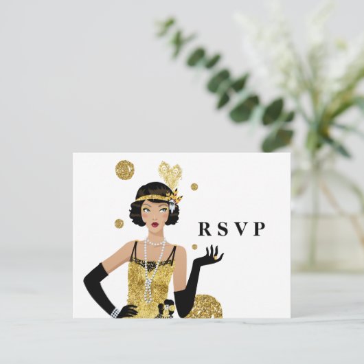 1920-bladermeisje gatsby RSVP Uitnodiging Briefkaart (Staand voorkant)