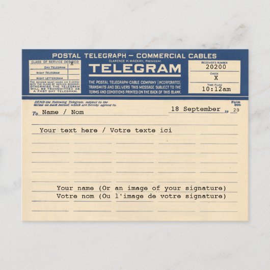 1920 Postal Telegram (Briefkaart) Briefkaart (Voorkant)