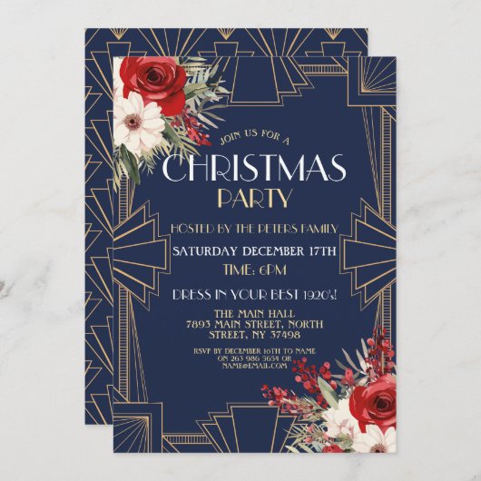 1920's Art Deco Christmas Nodig Gatsby Navy Gold u Kaart (Voorkant / Achterkant)