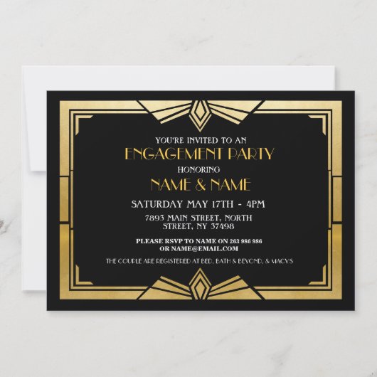 1920s Art Deco Engagement Party Nodig Gatsby Gold Kaart (Voorkant)