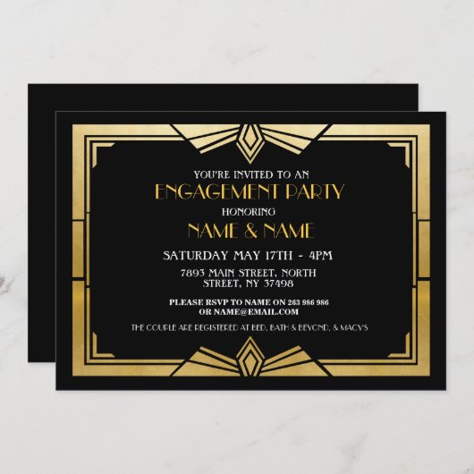 1920s Art Deco Engagement Party Nodig Gatsby Gold Kaart (Voorkant / Achterkant)