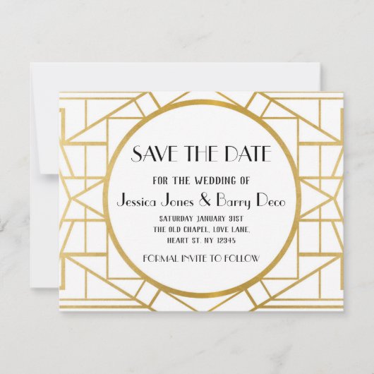 1920s Art Deco Gatsby Save The Date Wedding Invite (Voorkant)