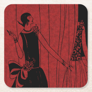 1920s Art Deco Modeshow Rood en Zwart Vierkante Kartonnen Onderzetter