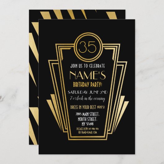 1920's Art Deco Verjaardagsfeest Gold Nodig Gatsby Kaart (Voorkant / Achterkant)