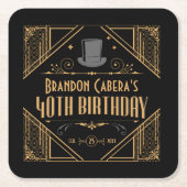 1920s Art Deco Zwart & Goud 40e Verjaardagsfeest Vierkante Kartonnen Onderzetter (Voorkant)