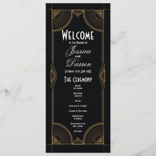 1920s Bruiloft Menu Ceremonie Art Deco Details (Voorkant)