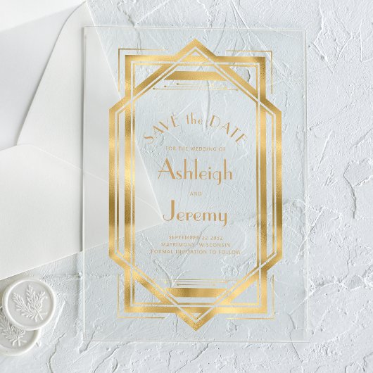 1920s Deco Gold Wedding Save the Date Acryl Uitnodigingen