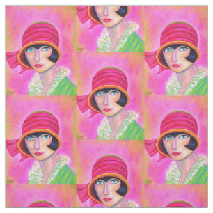 1920s Flapper Girl in Red Cloche Pet Bobbed Hair Stof