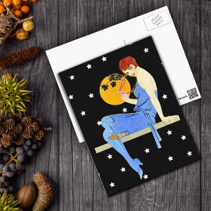  1920's Flapper Lady Moon Stars Red Hair Briefkaart