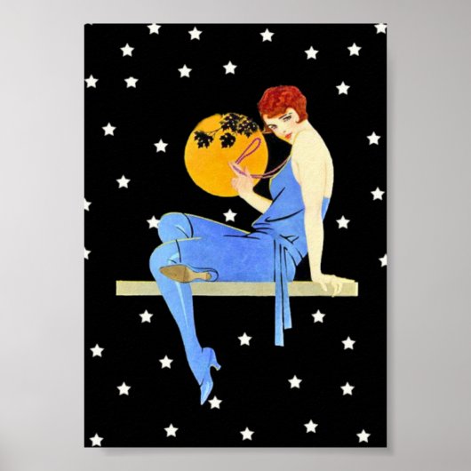  1920's Flapper Lady Moon Stars Red Hair Poster (Voorkant)