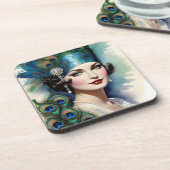 1920s Flapper Meisje Peacock Onderzetter Set (Linkerzijde)