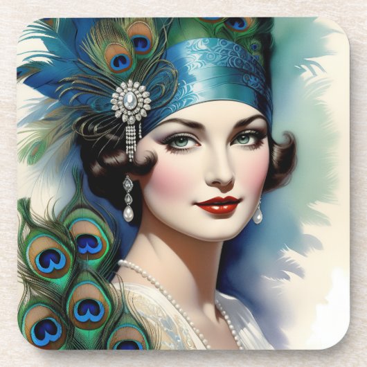 1920s Flapper Meisje Peacock Onderzetter Set (Voorkant)
