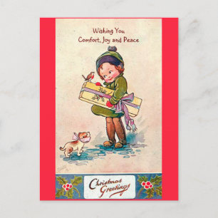  1920's Kerst Schattige Meisje, Hond & Vogel Feestdagenkaart