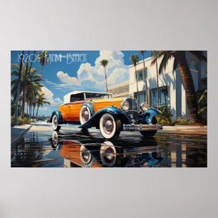 1920s roadster door een strandbungalow in Miami Be Poster