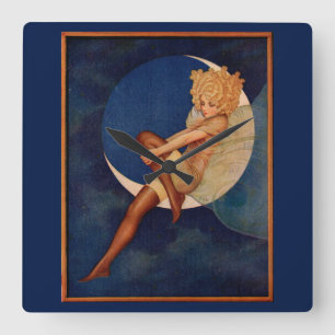 1920s-slang en mooie vrouw op de maan vierkante klok