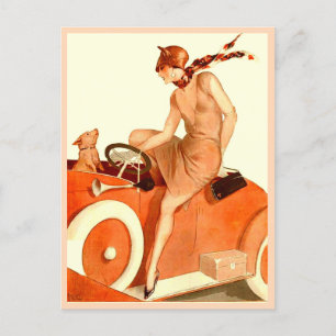 1920s vrouw, auto en hond briefkaart