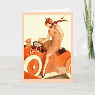 1920s vrouw, auto en hond kaart