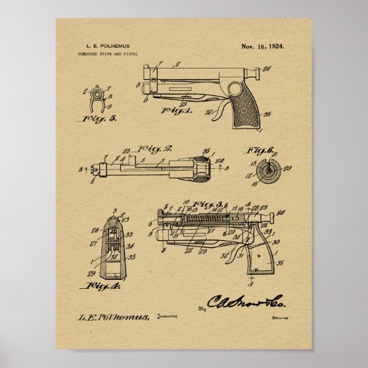 1924 Knife Kunsttekening Pistool Patent Poster (Voorkant)