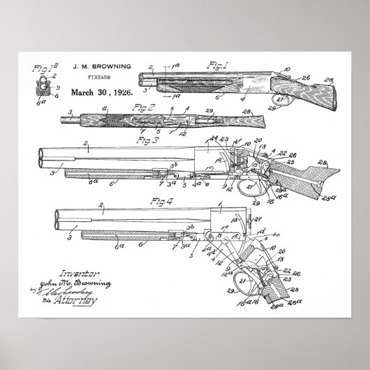 1926 Browning Shotgun Patent Art Drawing Print (Voorkant)