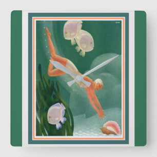 1930 Art Deco Swimmer/Resort and Wall Clock Vierkante Klok