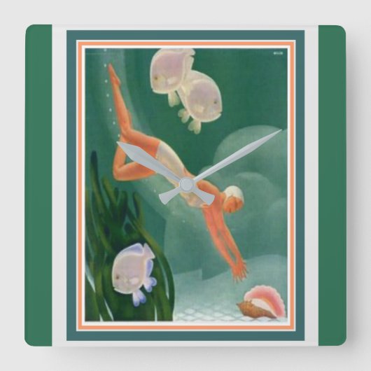1930 Art Deco Swimmer/Resort and Wall Clock Vierkante Klok (Voorkant)