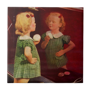 1930 klein meisje dat in de spiegel kijkt tegeltje