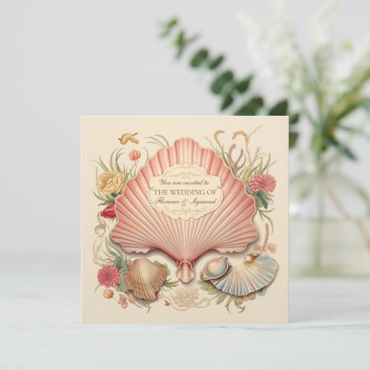 1930s Art Deco Seaside Seashell bruiloft uitnodigi Kaart (Staand voorkant)
