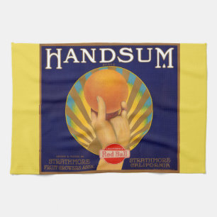 1930s oranje krateletiket Handsomdruk Theedoek