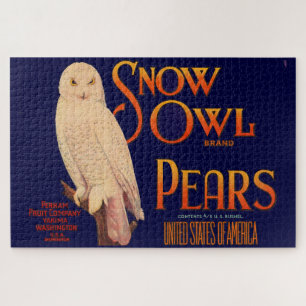 1930s Snow Owl branderperen fruitkrattendruk Legpuzzel