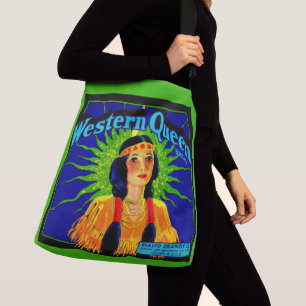 1930s Western Queen sinaasappelkrat label afdruk Crossbody Tas