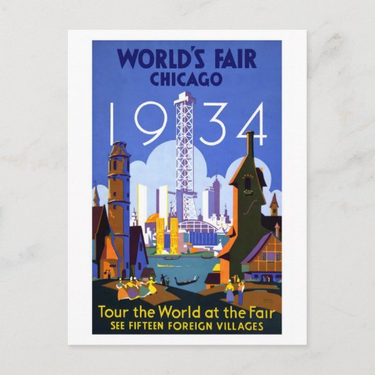 1934 De beurs van Chicago World Briefkaart (Voorkant)