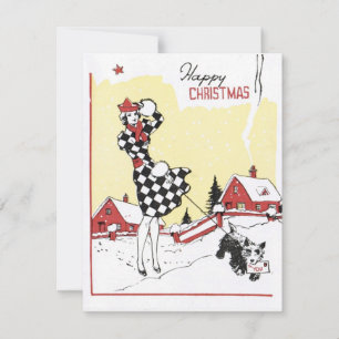 1940 Happy Kerstmeisje met hond Feestdagenkaart