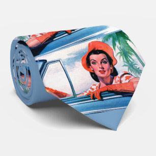 1940 Mooie vrouw in auto print Stropdas