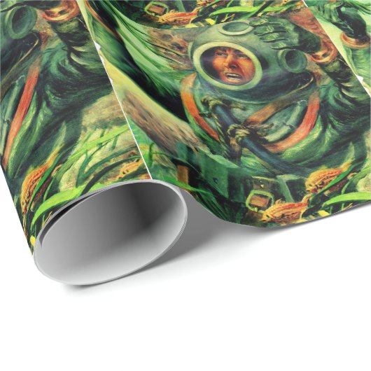 1940s illustratie onderzeese duiker in duikhelm cadeaupapier (Rol Hoek)