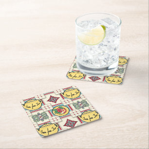 1940s Keukenpatroon w / Gele theepotten Vierkante Kartonnen Onderzetter