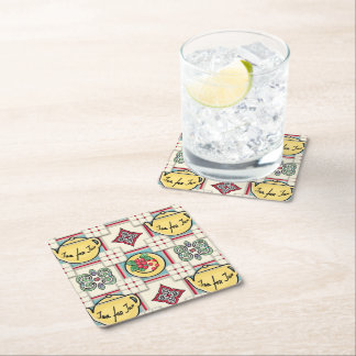 1940s Keukenpatroon w / Gele theepotten Vierkante Kartonnen Onderzetter