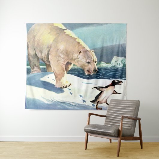 1940s polar beer en pinguïnprint wandkleed (In Situ (horizontaal))
