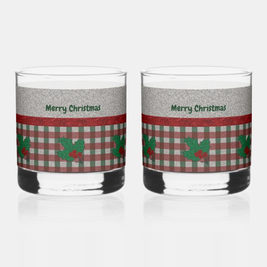 1940s Xmas Gingham - Gepersonaliseerde set van 2 Whisky Glas (Voorkant)