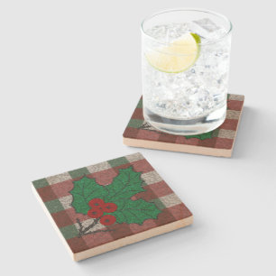 1940s Xmas Gingham Sandstone Stenen Onderzetter